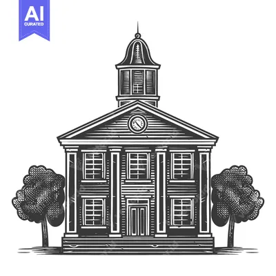 Detailed illustration depicting a classical building with clock and tr
