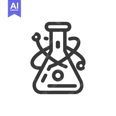 Aset desain premium: Science Icon: Erlenmeyer Flask with Atomic Orbitals, Bold Line Art