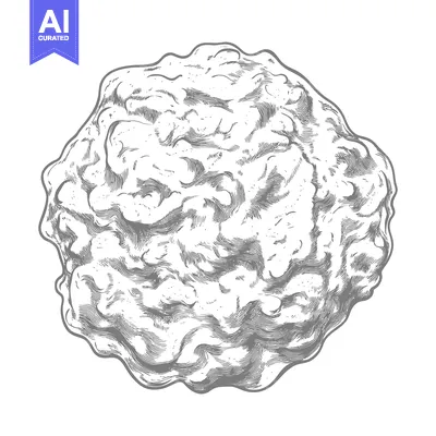 A detailed monochrome illustration of a textured round object