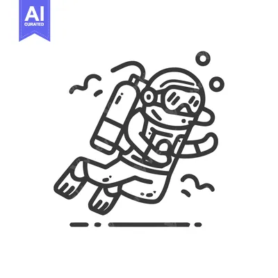 Premium design asset: Stylized Scuba Diver Illustration with Bubbles and Seaweed in Black an