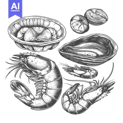 A detailed monochrome drawing depicting several types of seafood