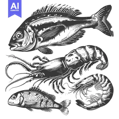 Popular premium asset: Detailed black and white illustrations of multiple sea creatures displ