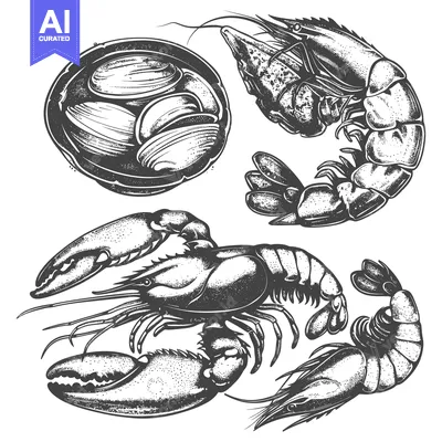 An artistic depiction of various seafood crustaceans and shellfish