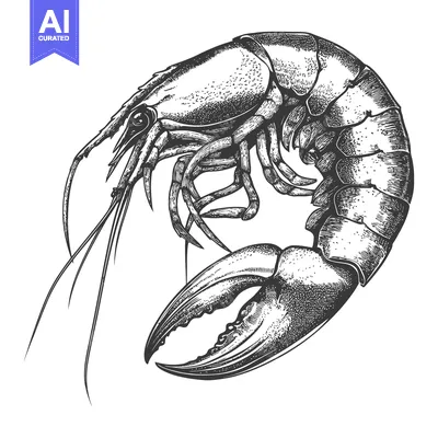Aset desain premium: A detailed black and white drawing depicting a freshwater crustacean