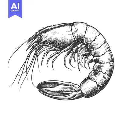 A detailed monochrome illustration depicting a curled shrimp creature