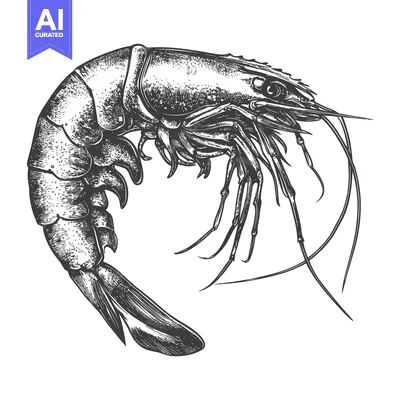 A detailed black and white artistic drawing of a large shrimp
