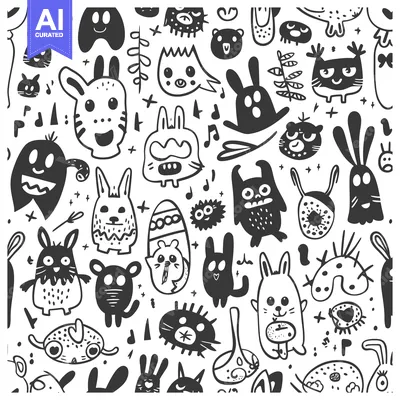 Premium design asset: Seamless Pattern with Hand-Drawn Cute Cartoon Creatures and Elements
