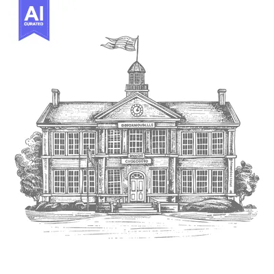 An old building drawing with flag and clock is displayed