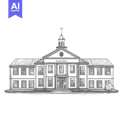 Detailed illustration depicts the front view of a grand building struc