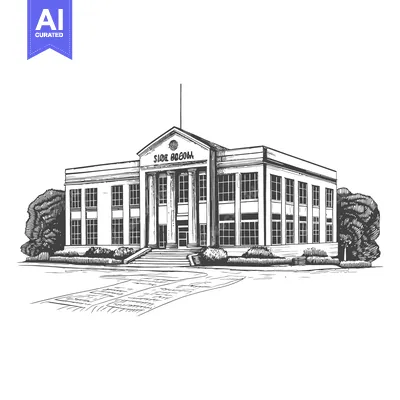 Architectural illustration depicts a neoclassical building with surrou