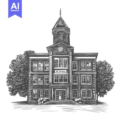 Aset desain premium: An intricately detailed illustration depicts a large brick building fa