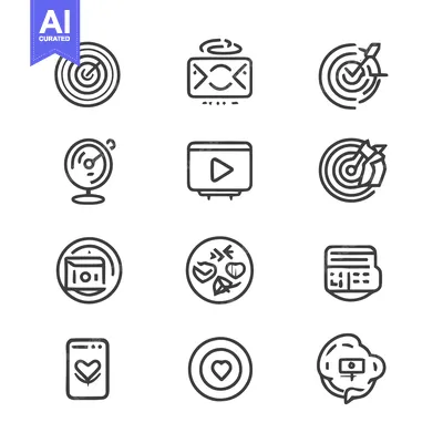 Premium design asset: Diverse Icon Set: Targets, Tech, Food, and Communication in Outline St