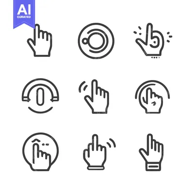 Aset premium populer: Diverse Hand Gesture Icons: Pointing, Rotating, Clicking, and Swiping