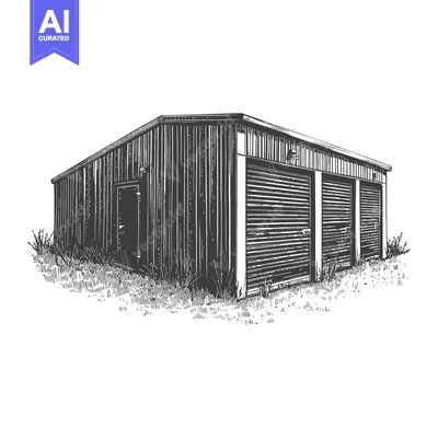 Popular premium asset: Architectural drawing depicts a simple metal building with three garag