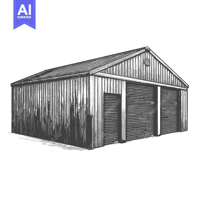 A detailed monochrome drawing of a storage facility building