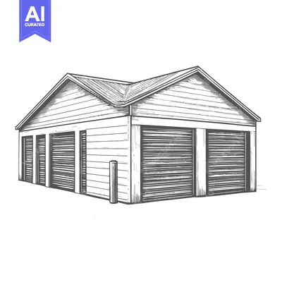 Premium design asset: A detailed black and white illustration of a multi garage building