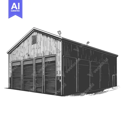 A black and white illustration depicts a large storage facility
