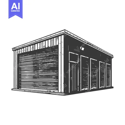 Aset desain premium: A grayscale illustration of a building with a garage door