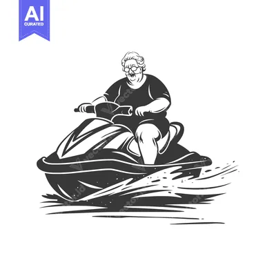 Aset premium populer: Senior woman riding a jet ski with a wide grin