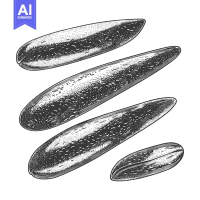 Illustration depicting multiple oblong shaped seeds in a black ink sty