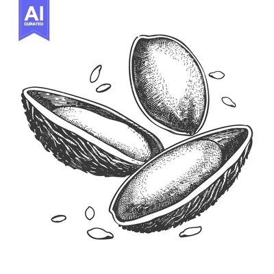 Detailed engraved depiction of three almond nuts and seeds