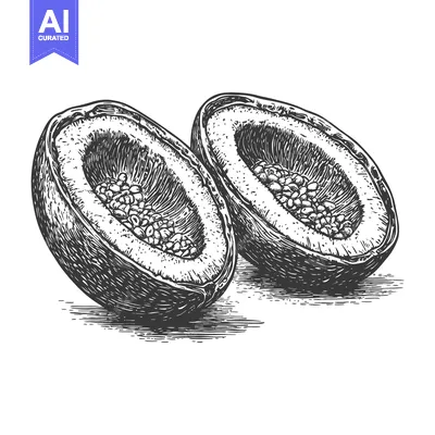 Aset desain premium: Two halves of a ripe fruit showing numerous tiny seeds