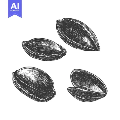 Four Vintage Illustrations Depicting Shelled and Unshelled Pistachio N