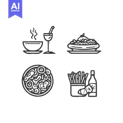 Food Icons: Soup, Wine, Spaghetti, Pizza, Fries, and Bottle
