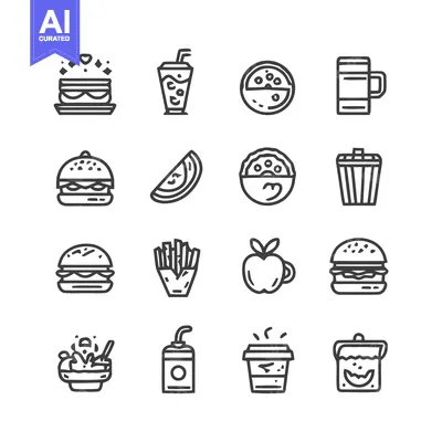 Minimalist Food Icons: Burger, Pizza, Fries, and More on White Backgro