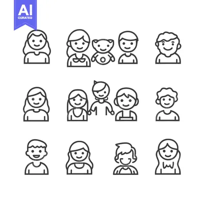 Popular premium asset: Set of 10 simple outline icons of different people with happy faces