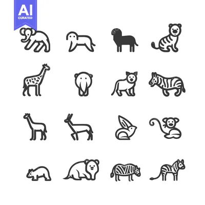 Set of 12 animal icons, including elephants, a giraffe, a tiger, a zeb