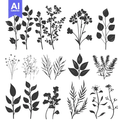 Aset desain premium: Set of 12 Black and White Floral Silhouettes