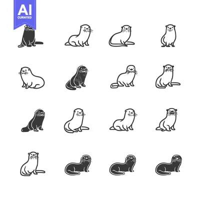 Aset desain premium: Set of 12 Black and White Otter Illustrations in Various Poses