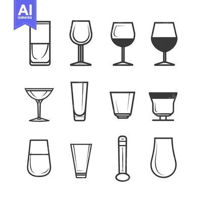 Set of 12 Black and White Outline Glassware Icons