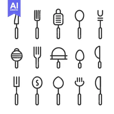 Set of 12 Black Outline Cutlery Icons