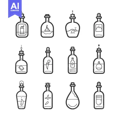 Aset desain premium: Set of 12 Bottle Icons with Various Contents