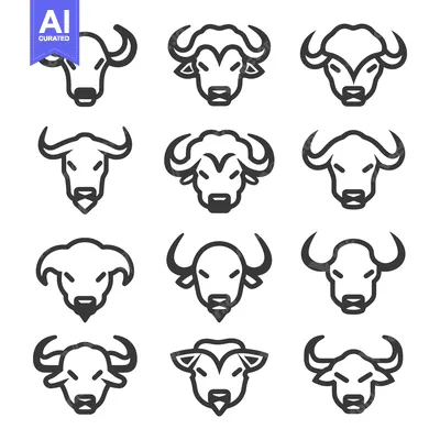 Premium design asset: Set of 12 Bull and Buffalo Heads in Line Art Style