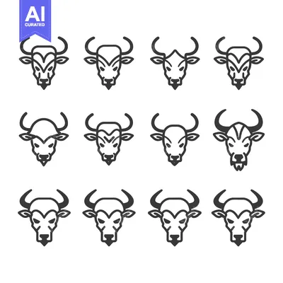Set of 12 Bull Head Line Icons in Black and White