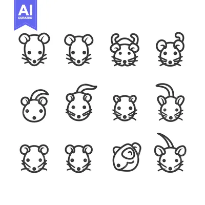 Aset premium populer: Set of 12 Cartoon Mouse Head Icons in Outline Style