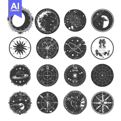 Aset desain premium: Set of 12 Celestial-Themed Circular Designs with Various Motifs