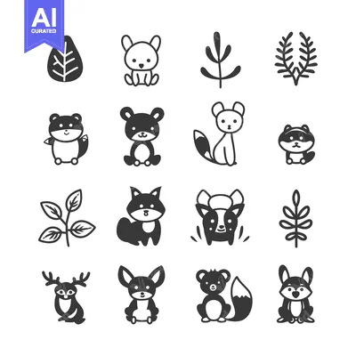 Set of 12 Cute Cartoon Animals and Plants Icons