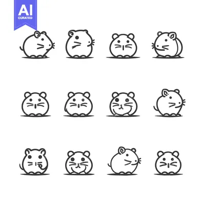 Aset desain premium: Set of 12 Cute Cartoon Hamster Line Drawings