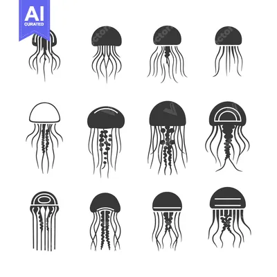 Set of 12 different black jellyfish silhouettes