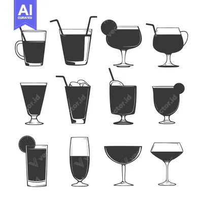 Set of 12 Different Drink Glass Illustrations