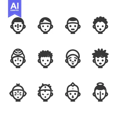 Premium design asset: Set of 12 diverse cartoon human head icons in black and white