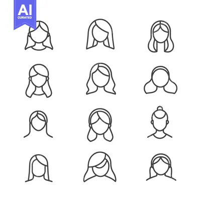 Aset premium populer: Set of 12 Female Hairstyle Icons in Line Art Style