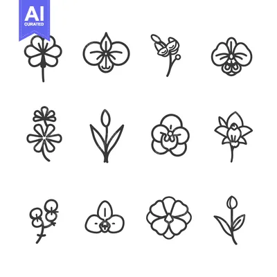 Aset desain premium: Set of 12 Flower Icons in Outline Style