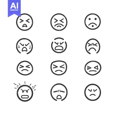 Aset premium populer: Set of 12 Hand Drawn Angry Emojis in Black and White