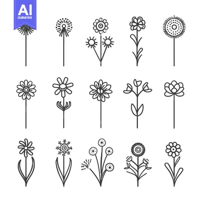 Aset desain premium: Set of 12 Hand-Drawn Flower Icons with Stems and Leaves