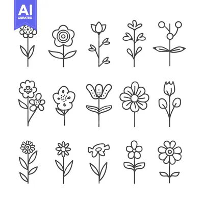 Aset desain premium: Set of 12 Line Art Flower Icons